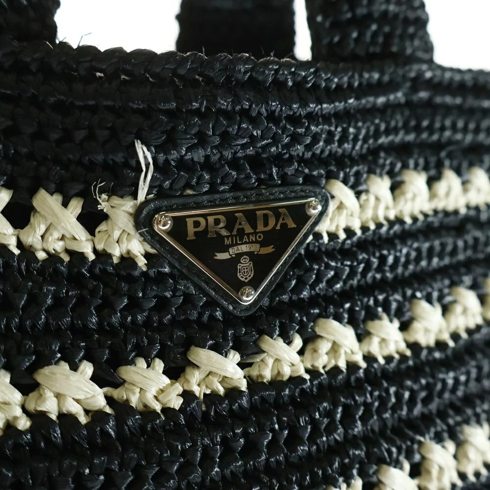 PRADA Canapa Raffia Triangle Logo Plate Basket Hand Tote Bag Black White - Picture 4 of 6